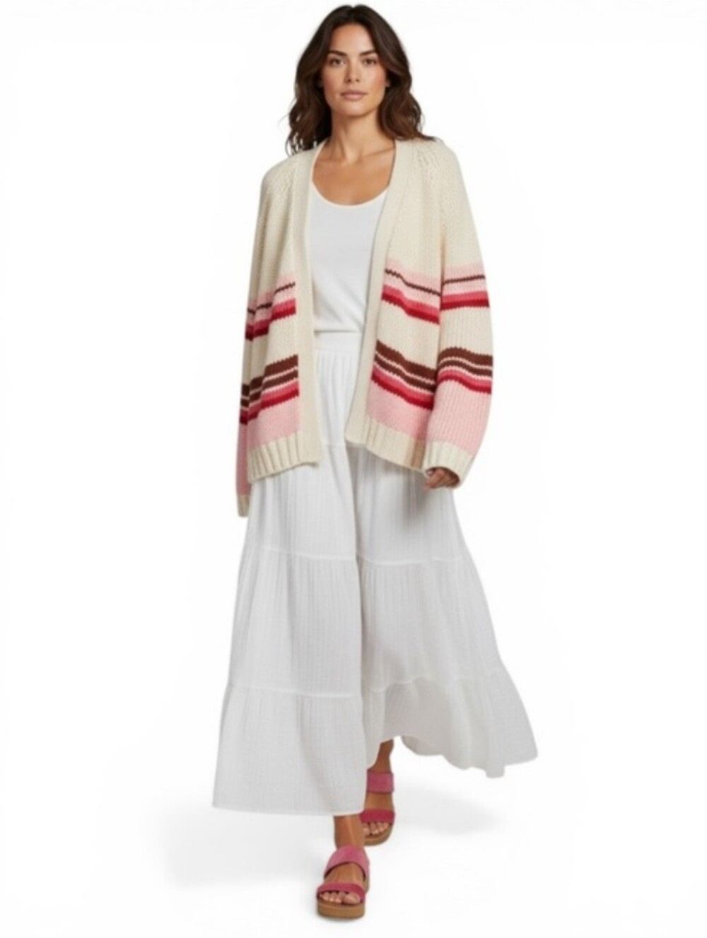 XiRENA Lander Cream Open-Front Cardigan Alpaca Blend Pink & Burgundy Stripes